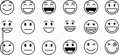 Set of minimalist black and white line emoji icons representing various human emotions like happy sad laughing and winking for user interface design.