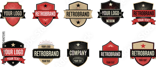 Set of vintage retro shield badges and emblem templates with sunburst elements for logo design branding identity sports teams and apparel graphics.