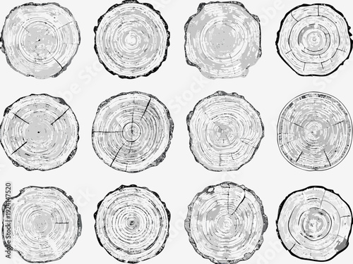 A collection of twelve grayscale wood cross sections displaying growth rings and varying shapes