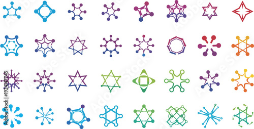 Abstract geometric icon set featuring colorful connected lines stars and hexagonal symbols for technology branding data visualization and modern scientific corporate identity vectors.
