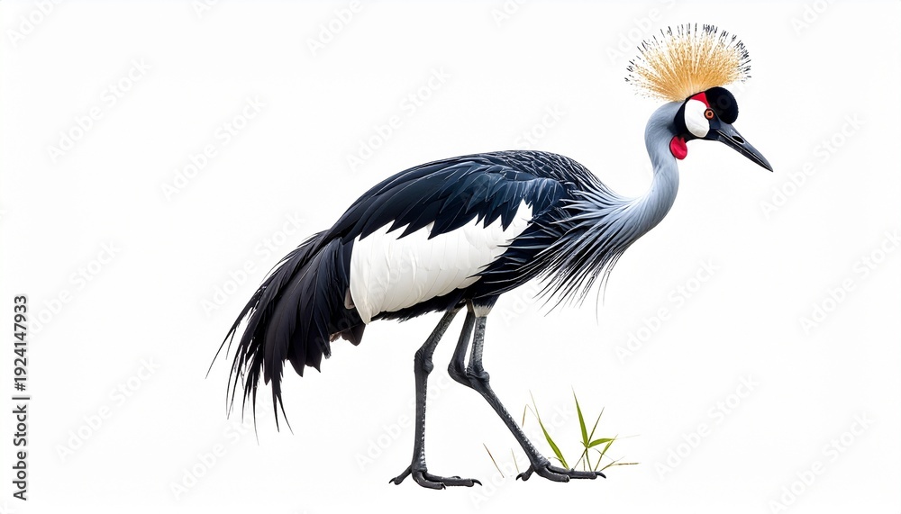 Fototapeta premium Grey Crowned Crane Elegant Bird on White Background Graceful Wildlife Portrait Captivating Avian Beauty.