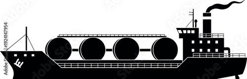 Silhouette cargo tanker ship carrying large cylindrical oil tanks across the sea in minimalist industrial vector design