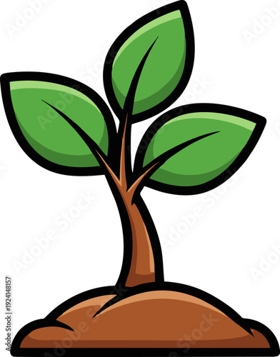 Vibrant green seedling with three leaves sprouting from rich brown soil.