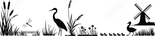 Wetland bird and windmill silhouette scene, heron duck dragonfly reeds nature landscape isolated on white background