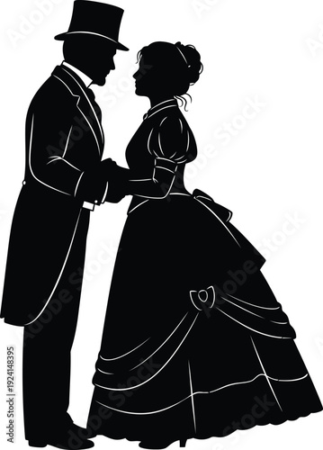 Victorian Couple silhouette vector black color white background Vector Illustration black and white 