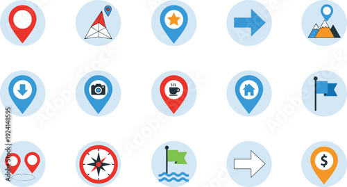 Collection of professional map pin icons featuring location pointers navigation symbols travel destination markers and waypoint signs for web mobile apps and gps interface.