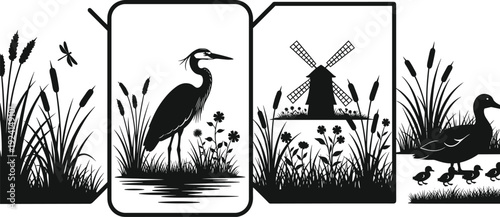 Wetland wildlife silhouette collection, heron windmill duck and reeds black vector illustration isolated on white background for nature design
