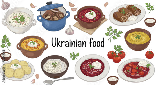 Collection of traditional Ukrainian food vector illustrations featuring borscht soup dumplings cabbage rolls and savory stews for restaurant menus and culinary blogs.