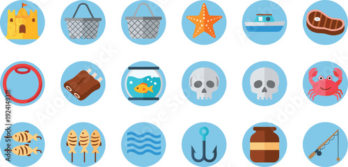 Flat nautical vector icon set featuring sandcastle starfish crab fishing rod anchor fish aquarium skulls and grilled seafood for summer beach and restaurant design.