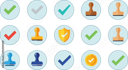 Flat vector icon set featuring colorful checkmarks, rubber stamps, and security shields for approval, quality control, certification, and business agreement concepts.