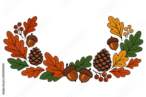 Rustic fall botanical arrangement with acorns pine cones oak leaves flat vector illustration