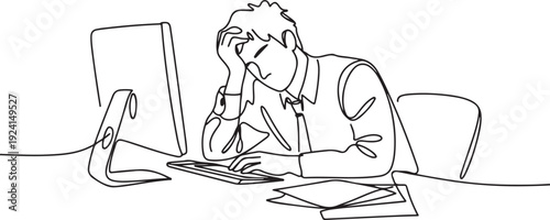 One single line drawing of young tired male employee stress on the work desk with computer. isolated white background