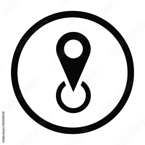 Abstract minimalist black and white circular icon representing a location pin marker with a concentric circle below symbolizing navigation destination and pinpoint accuracy