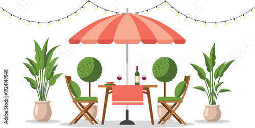 Flat vector illustration of a cozy outdoor cafe patio with garden furniture umbrella potted plants and string lights for summer restaurant terrace promotion.