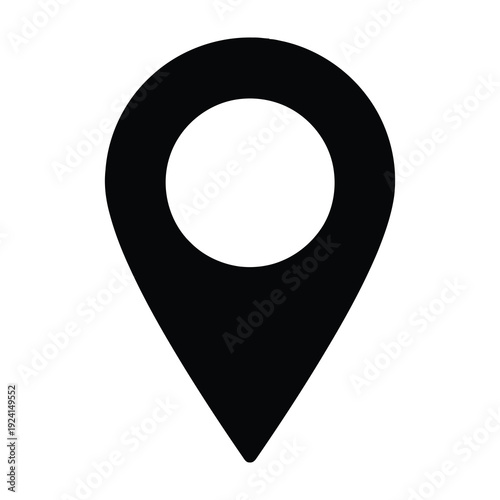Black location pin icon symbolizing navigation destination and finding places on a map isolated on a clean white background representing travel and exploration concepts