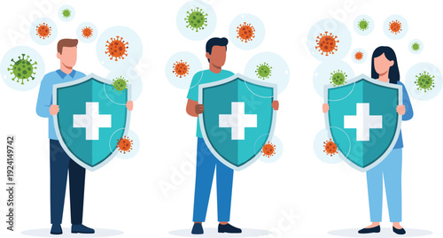 Flat vector illustration of diverse people holding medical shields for protection against floating virus cells, bacteria, immune system strength, and healthcare safety.