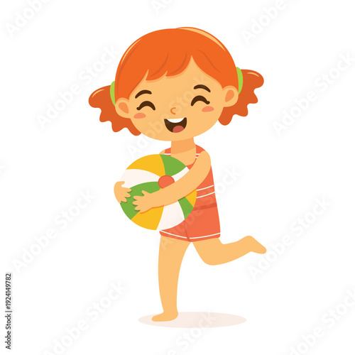 Cute and happy girl with ball on the beach on white background. Poster, Banner, Flyer, Summer time. Vector illustration in flat cartoon style