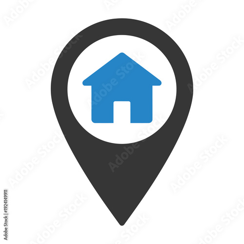 Conceptual graphic of a stylized house icon within a dark gray map pin marker symbolizing home location real estate navigation and destination search in a clean modern design