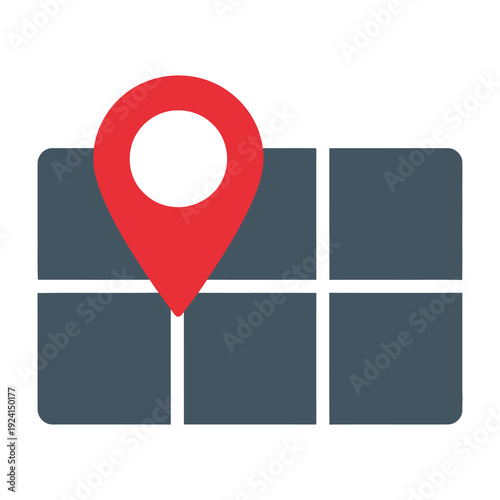 Red map pin marker icon placed on a dark gray grid representing a map symbolizing location navigation and destination finding for travel and search