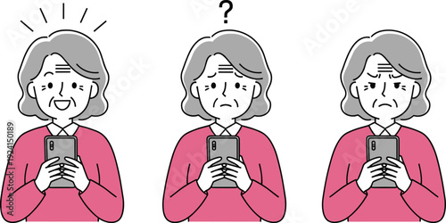 Senior Woman Using Smartphone with Different Emotions Illustration Showing Confusion Concern and Understanding in Digital Technology Usage Concept