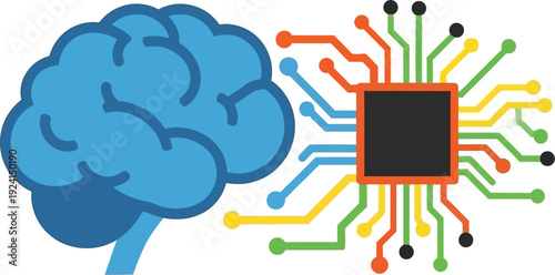 Conceptual illustration of a human brain connected to a microchip, symbolizing artificial intelligence, machine learning, and advanced computational thinking and processing