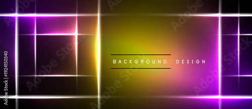 Abstract neon lights form geometric shapes. Gradient yellow, purple hues dominate dark background. Modern design element.