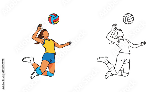 Female volleyball player jumping to spike the ball. Vector illustration showing full color and black outline line art versions, ideal for sports design or coloring book.