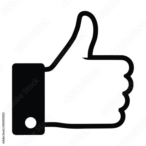 A bold black graphic symbol of a hand with the thumb raised upwards conveying approval positivity agreement and success against a clean white background representing acceptance