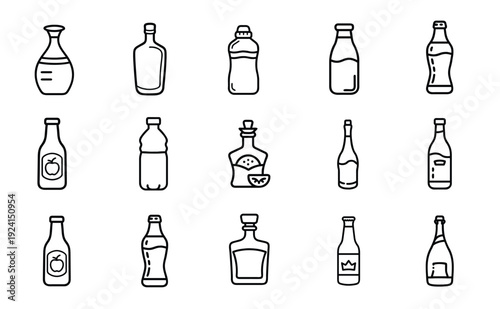 Bottle outline icon set featuring glass and plastic containers for beverage water juice milk wine champagne vinegar oil and alcohol vector illustration editable stroke