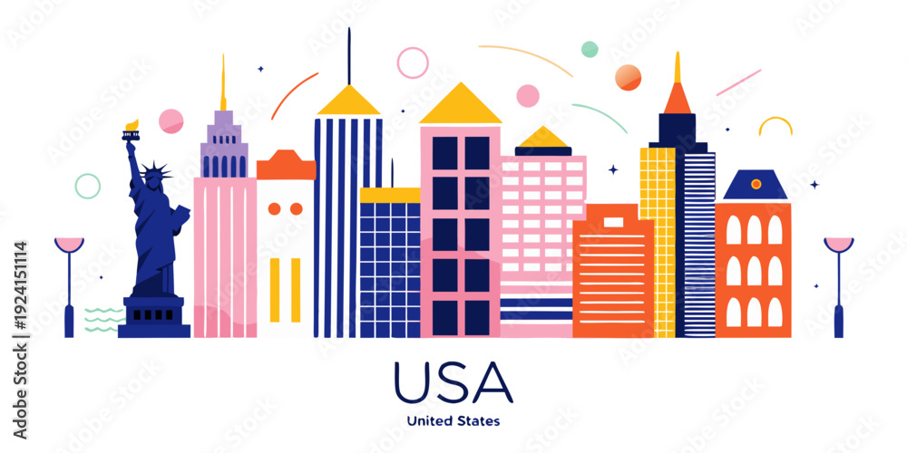 Naklejka premium USA Watercolour Style Vector Skyline SVG – Soft Gradient Blends Cityscape Illustration, United States Travel Art Printable Design