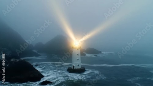Lighthouse Illuminates Foggy Ocean Shoreline Amidst Rocky Landscape