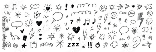Doodle Emotion Cartoon Expressive Elements Icon Set, Colorful Hand Drawn Symbols Collection on Transparent Background for Stickers, Social Media, UI Design and Messaging