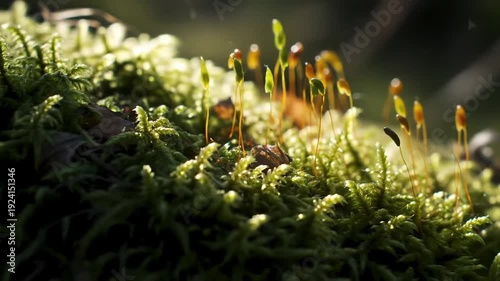 Moss Sprouting in Sunlit Forest Environment with Vibrant Green Texture