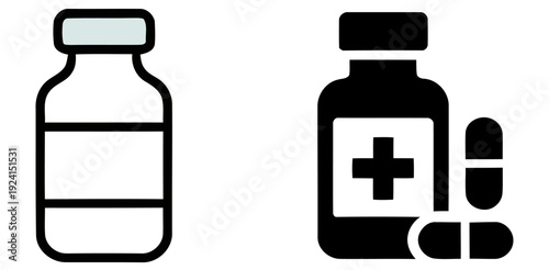 medicine bottle and pills icons  medical symbols  health care  pharmacy  drug  treatment  medication  health  wellness