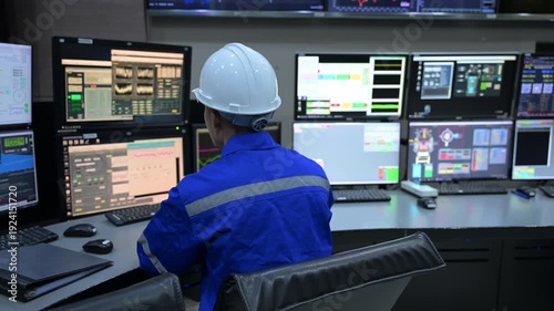 Engineer computer working at control room,Manager control system,Technician man monitoring program from a lot of monitor