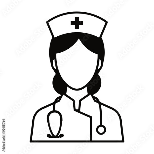 Professional female healthcare worker icon with stethoscope and nurse cap representing medical care assistance and dedicated service in a clean simplified graphic style