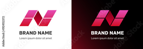 Abstract monogram logo with red geometric diamond shape and minimalist volumetric letter N. Modern investment symbol with negative space typography, premium rhombus icon, and simple graphic mark.