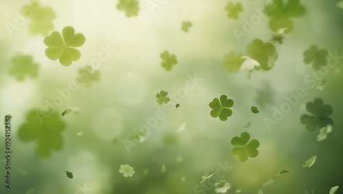 Floating centered four-leaf clover drifting in meadow backdrop with bokeh spots and fragments