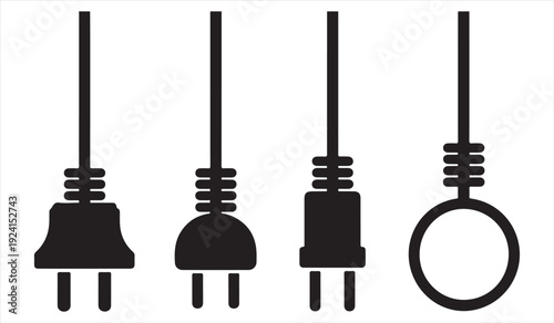 Electrical Power Plug and Cable Icon Collection in Black Vector