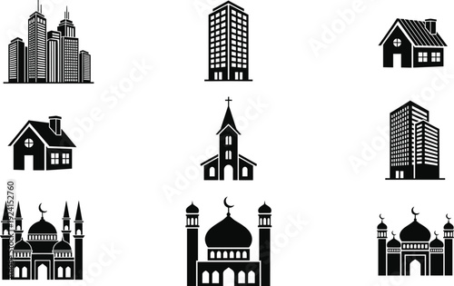 Black and white vector icons of city skyscrapers office buildings residential houses christian church and islamic mosques for real estate urban planning and community maps