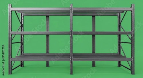 Industrial Metal Shelving Unit on Green Background