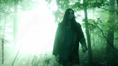 Silhouette Walking Through Mystical Forest with Ambient Light