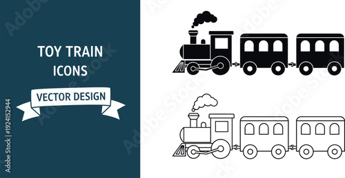 Set of toy train icons in filled and outline styles featuring locomotive engine and passenger carriages