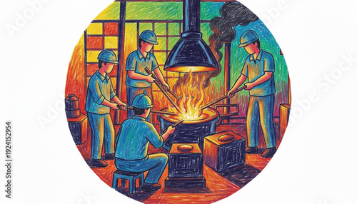 Workers in a factory forge metal in a fiery industrial setting with colorful background