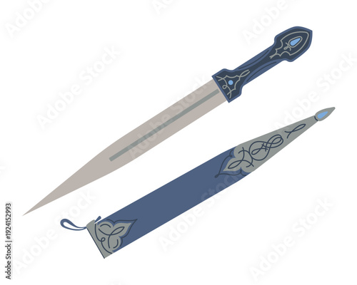 A kama dagger with a scabbard on a white background. Vector image of an antique dagger. A steel bladed weapon. Concept of combat and fighting.