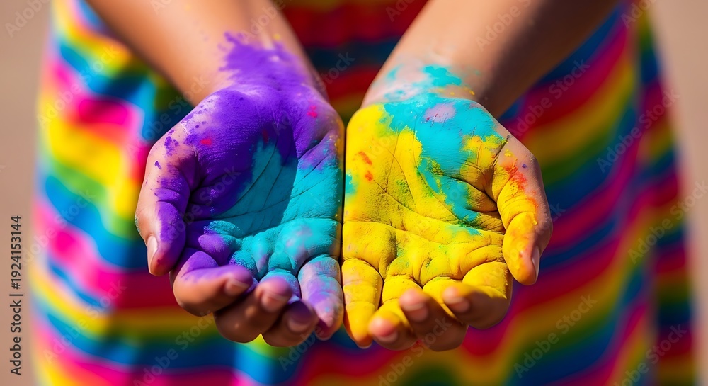 Fototapeta premium Vibrant Holi Powder Hands: Close-up of colorful purple, turquoise, yellow powder on open hands, blurred rainbow fabric background, Indian festival celebration