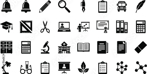 Education icons, school vector set, academic tools illustration pack, learning symbols, classroom graphics, student study design, teaching resources collection
