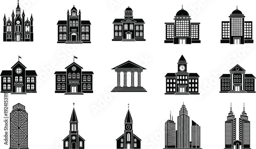 Set of Black Architectural Building Silhouettes Including Modern Skyscrapers Schools Government Offices Churches and Historic Landmarks for City Infrastructure Web Design and Graphics