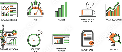 Data analytics icons, business intelligence vector set, performance tracking illustration pack, KPI dashboard graphics, metrics visualization, reporting design collection