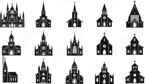 Set of black church silhouettes and cathedral icons including gothic chapels and christian religious building symbols isolated on white background for graphic design architecture elements